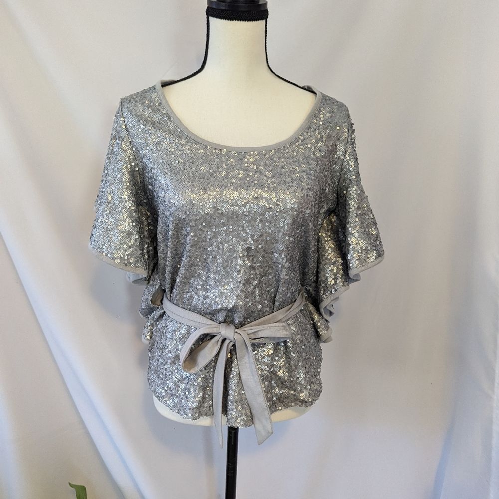 NWT - INC Silver Sequined Belted Party Top - M